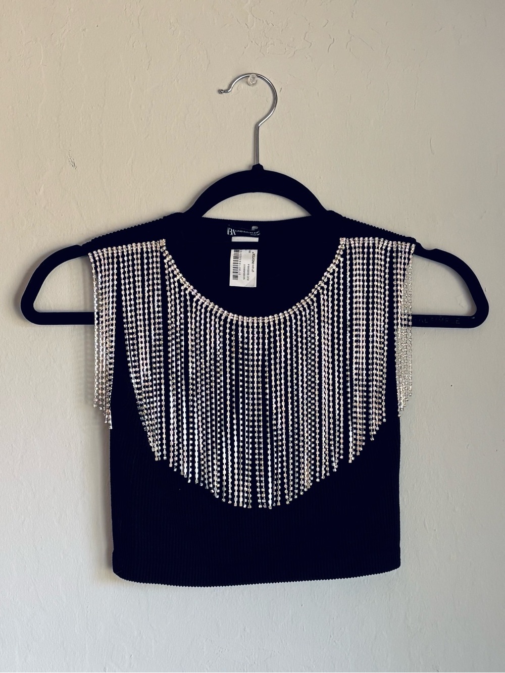Zara Seamless Ribbed Crop Tank Silver Rhinestone Fringe, Black, Sz XS